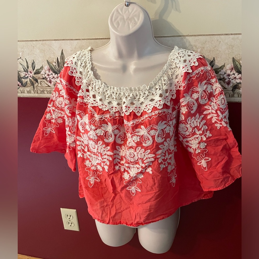 Flying Tomato Red Boho Embroidered Crochet-Trim Peasant Top